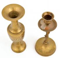 Kis réz tárgy tétel (3 db csengő + váza + gyertyatartó), m: 4,5; 18 és 20 cm