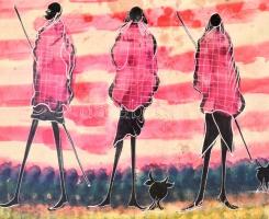 Bennszülötteket ábrázoló kézzel festett zsírkő dísztál, viaszfoltokkal, d: 31 cm