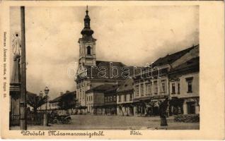 Máramarossziget, Sighetu Marmatiei; Fő tér, Csapodi Sándor üzlete, templom / main square, shop, church