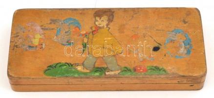 3 db faragatlan ceruza, fa tolltartó dobozban, kopottas állapotban, 9,5x22x3 cm