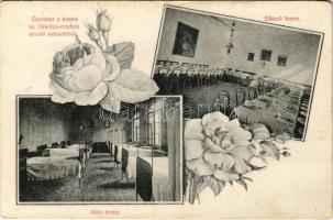 1906 Kassa, Kosice; Sz. Orsolya rendiek nevelő intézete, étkező terem, hálóterem, belső / girl school interior, dining hall and bedroom. floral