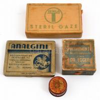 cca 1940 Steril gaze gyógyszeres papírdobozka 5,5x9,5x2 cm + Analgini rozsdamentes injekciós tű fém doboza 6x8x1 cm + cca 1930 Nitromint tabeltta papír gyógyszeres dobozka 5x5x3 cm