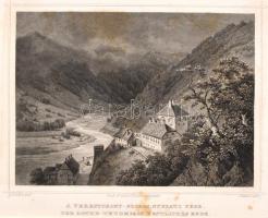 cca 1840-1860 Ludwig Rohbock (1820-1883)-J.Falkner: A Verestorony-szoros, nyugati vége, Der Rothe-Thrumpass, Westliches Ende, Pest, Lauffer és Stolp, (Darmstadt, G. G. Lange-ny.), acélmetszet, paszpartuban, 14x19 cm