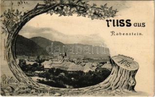 1905 Rabenstein an der Pielach, Gruss aus... Musterschutz H.S. Art Nouveau + "BÉCS-BUDAPEST 117" mozgóposta