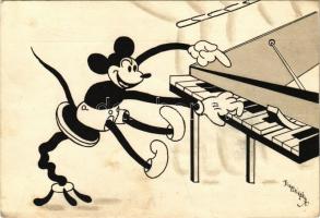 Mickey Mouse playing on the piano. Klösz early Disney art postcard (Izsák József Rt. vegyészeti gyár) s: Bisztriczky (EK)