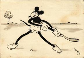 Mickey Mouse playing field hockey. Klösz early Disney art postcard (Izsák József Rt. vegyészeti gyár) s: Bisztriczky