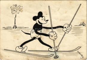 Mickey Mouse skiing. Klösz early Disney art postcard (Izsák József Rt. vegyészeti gyár) s: Bisztriczky (fa)