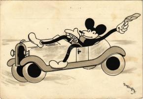 Mickey Mouse in automobile. Klösz early Disney art postcard (Izsák József Rt. vegyészeti gyár) s: Bisztriczky