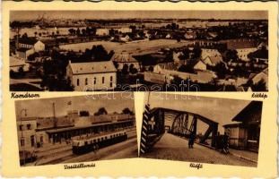 1943 Komárom, Komárno; látkép, izraelita templom, zsinagóga, Vasútállomás, vonat, hídfő, sorompó, vám / general view, synagogue, railway station, train, bridge, turnpike, customs office (EK)