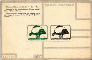 Népeinkkel fizetni számláitokat? Soha! Soha! / Av Grand Jamais! / Hungarian irredenta art postcard