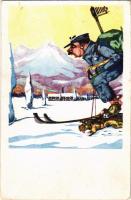 1932 Tátra, Magas-Tátra, Vysoké Tatry; Lyzar vynalézavy. Skupina Lomnického stítu / téli sport, síelés, humor / winter sport, ski, humour s: Niky (EB)