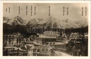 Újtátrafüred, Neu-Schmecks, Novy Smokovec (Tátra, Magas Tátra, Vysoké Tatry); látkép, szálloda, kávéház, hegycsúcsok / general view, hotel, café, mountain peaks