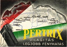 Pertrix világítás a legjobb fényhatás / Hungarian battery advertisement, irredenta art postcard