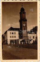 1940 Besztercebánya, Banská Bystrica; óratorony, üzletek, dohánybolt / clock tower, shops (ragasztónyom / glue marks)
