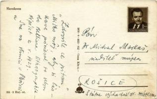 Nagyszabos, Slavosovce; Fő utca, templom, üzlet, létra / main street, church, shop, ladder (EK)