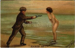 Hands up! Humorous slightly erotic postcard with a thief holding the gun at a naked lady at the beach. American-card. artist signed (EK)