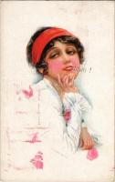 1919 Lady smoking a cigarette. Italian art postcard. ERKAL No. 303/5. s: Usabal