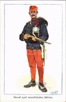Honvéd nyári menetöltözetben 1869-ben. Honvédség története 1868-1918 / Austro-Hungarian K.u.K. military art postcard, Hungarian soldier in summer uniform in 1869 s: Garay