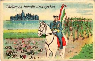 Kellemes húsvéti ünnepeket! Horthy Miklós fehér lovon, magyar zászló, bevonulás / Hungarian irredenta propaganda Easter greeting with Regent Horthy, Hungarian flag, entry of the Hungarian troops (gyűrődés / crease)