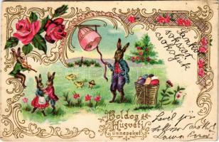 Boldog Húsvéti Ünnepeket! / Easter greeting with rabbits, eggs and bell. Art Nouveau, floral, Emb. litho (EK)