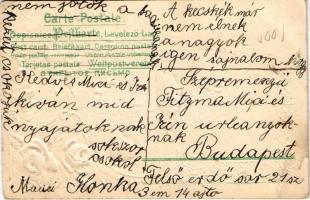 Boldog Húsvéti Ünnepeket! / Easter greeting with rabbits, eggs and bell. Art Nouveau, floral, Emb. l...