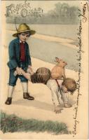 1903 Fröhliche Ostern! / Easter greeting card, boys with rabbit. Theo Stroefer Serie 302. No. 2.