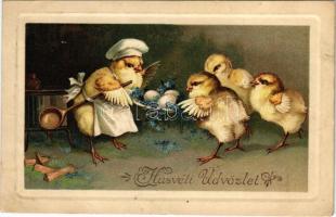 Húsvéti Üdvözlet / Easter greeting card, chicken with eggs. litho (gyűrődés / crease)