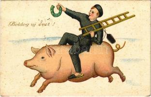 1937 Boldog Újévet! / New Year greeting card with chimney sweeper riding a pig (fl)