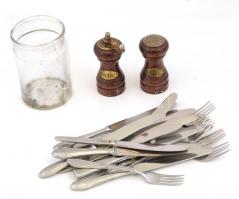 Vegyes konyhai eszköz tétel.Só- és borsszóró + befőttes üveg + szovjet fém kések és villák