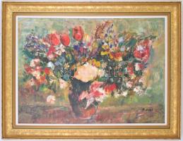 Monos József (1932-2013): Virágcsendélet. Olaj, farost, jelzett, díszes üvegezett keretben, 50×70 cm