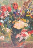 Monos József (1932-2013): Virágcsendélet. Olaj, farost, jelzett, díszes üvegezett keretben, 50×70 cm