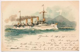 1898 SMS Gefion, Bai von Neapel, Kaiserliche Marine, Meissner & Buch Marinepostkarten Serie 1000. / SMS Gefion at the bay of Naples, unprotected cruiser, German Navy, litho, artist signed