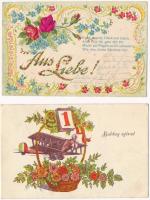 12 db RÉGI motívum képeslap: üdvözlőlapok több litho és dombornyomott / 12 pre-1945 greeting motive postcards: some lithos and embossed