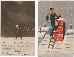 8 db RÉGI motívum képeslap: újévi üdvözlő kéményseprővel / 8 pre-1945 greeting motive postcards: chimney sweepers