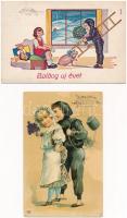8 db RÉGI motívum képeslap: újévi üdvözlő kéményseprővel / 8 pre-1945 greeting motive postcards: chi...