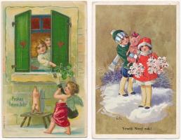 8 db RÉGI motívum képeslap: újévi üdvözlő malaccal / 8 pre-1945 greeting motive postcards: pigs