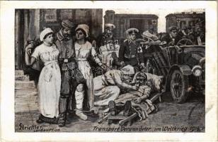 Transport Verwundeter im Weltkrieg 1914 / WWI German military art postcard, injured soldiers with Red Cross nurses and medics s: Strieffler (kis szakadás / small tear)