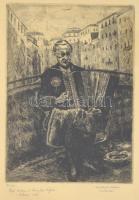 Dési Huber István (1895-1944): Vak koldus a Naviglio hídján (Milano, 1928). Rézkarc, papír, jelzett (Dési Huber István rézkarca), számozott (24/25), üvegezett keretben. A művész ezen grafikája nagyon ritkán bukkan fel a műkereskedelemben, tudomásunk szerint korábban aukción nem szerepelt. Egy másik példánya megtalálható a Szombathelyi Képtár gyűjteményében. 22×15,5 cm / István Dési Huber (1895-1944): Blind beggar on a bridge over the Naviglio, Milano. Etching, paper, signed, numbered (24/25), framed. Rare!