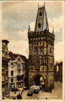 1938 Praha, Prag, Prague; Prasná brána / Powder Tower with trams, automobiles, shop of Singer (EB)