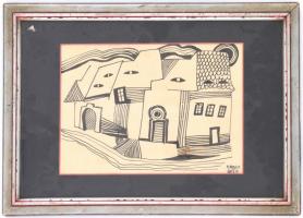 Kádár jelzéssel: Utcarészlet. Tus, papír, sérült, foltos. Üvegezett, kissé sérült keretben, 19,5×28 ...