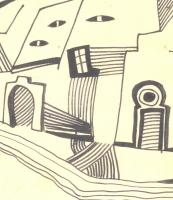 Kádár jelzéssel: Utcarészlet. Tus, papír, sérült, foltos. Üvegezett, kissé sérült keretben, 19,5×28 ...