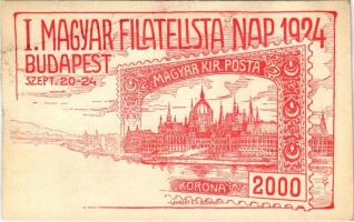 1924 Budapest, I. Magyar Filatelista Nap, Országház, Parlament / 1st Hungarian Philatelist Day s: Lehnert + I. Magyar Filatelista Nap So. Stpl. Légiposta Budapest-Esztergom