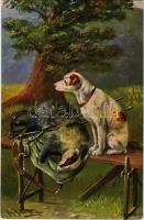 Hunters dog with the prey. Hunting art postcard. Nr. 487. artist signed
