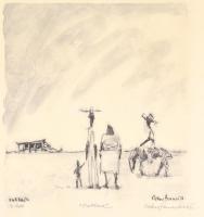 Olvashatatlan jelzéssel (Robin ...): Outback, Ausztrália (Don Quijote?). Litográfia, papír, számozott (176/200) üvegezett fa keretben, 26×24,5 cm