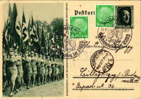 Festpostkarte zum Reichsparteitag / Nuremberg Rally, NSDAP German Nazi Party propaganda, swastika flags; 6 Ga. Adolf Hitler + 1937 Reichsparteitag der NSDAP Nürnberg So. Stpl. (EK)