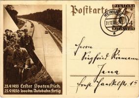 1933 Erster Spatenstich - 1936 1000 km Autobahn fertig / 1933 First Groundbreaking - 1936 1000 km highway completed. Adolf Hitler, NSDAP German Nazi Party propaganda. 6+4 Ga. (apró lyukak / tiny pinholes)
