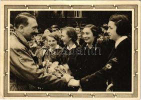 1939 Adolf Hitler with members of the League of German Girls (girls wing of the Nazi Party youth movement Hitlerjugend), NSDAP German Nazi Party propaganda, swastika. 6+19 Ga. (EK)
