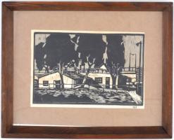 MCP jelzéssel: Ipari táj. Linómetszet, papír. Üvegezett fa keretben. 17×26,5 cm