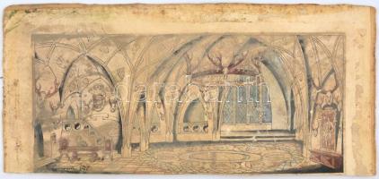 Csergezán jelzéssel: Vadászkastély. Vegyestechnika, papír, farostra kasírozva. Erősen foltos, hullám...