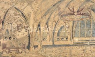 Csergezán jelzéssel: Vadászkastély. Vegyestechnika, papír, farostra kasírozva. Erősen foltos, hullám...